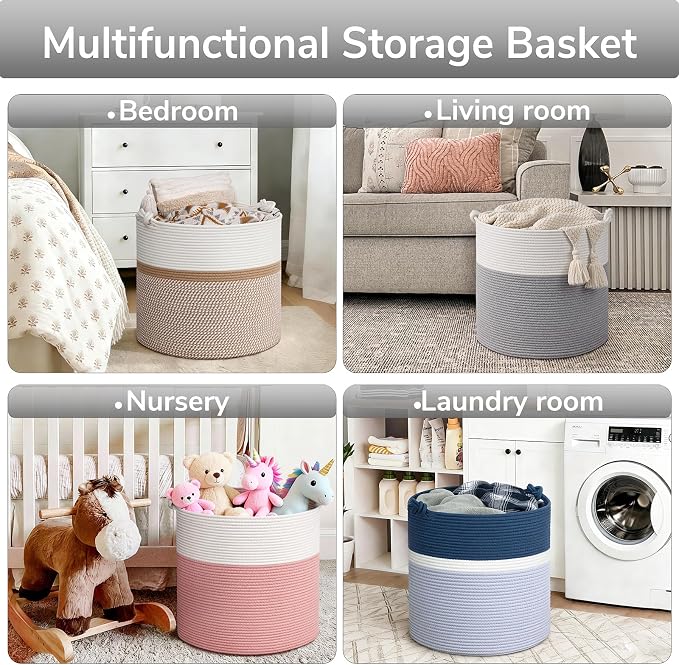 Goodpick 17"x16" Toy Storage for Kids, Home Décor Living Room, Baby Basket for Nursery Playroom, Soft Woven Cotton Rope Baskets for Blankets Pillows Clothes, Grey
