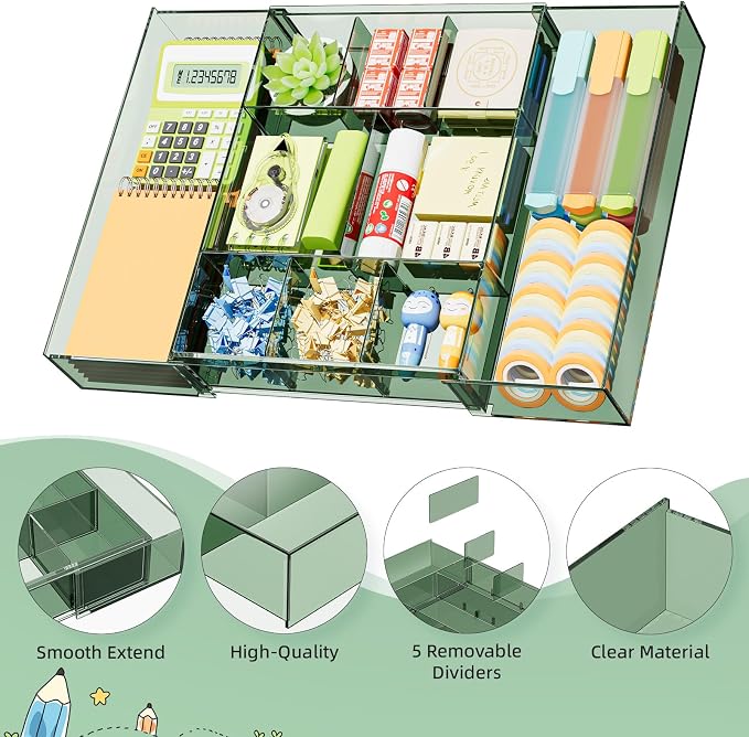Marbrasse Expandable Desk Drawer Organizer, Clear Plastic Drawer Organizer Tray with 10 Adjustable Compartments, Desk Organizers and Accessories, 5 Drawer Dividers for Office Supplies(Clear Green)