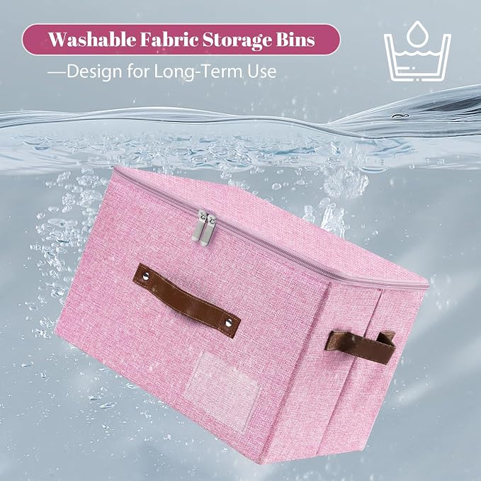 ANMINY Storage Bins with Zipper Lid Storage Boxes with Label Holder PU Leather Handles Washable Foldable Decorative Lidded Cotton Linen Fabric Cubes Baskets Closet Organizer - Pink, Large