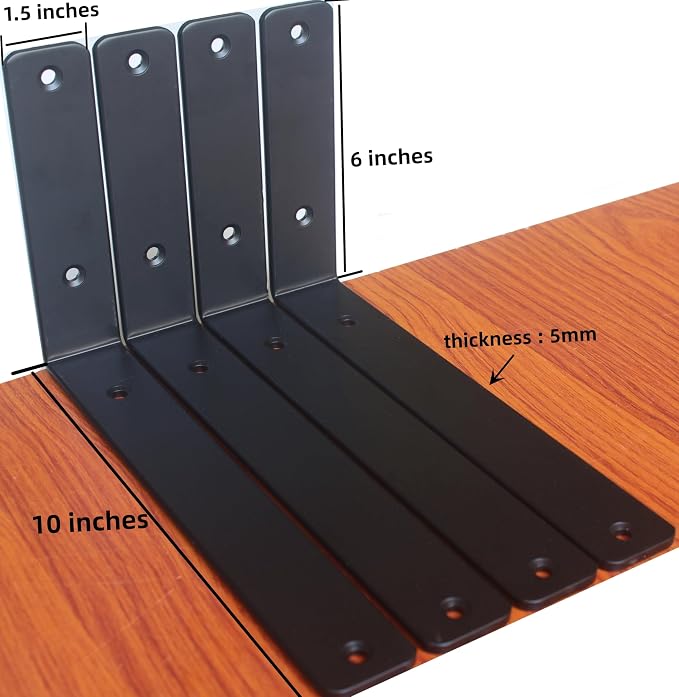 2 Pack - L 10" x H 6" x W1.5, 5mm Thick Black L Shelf Bracket, Iron Shelf Brackets, Metal Shelf Brackets, Floating Shelf, Shelf Supports with Screws
