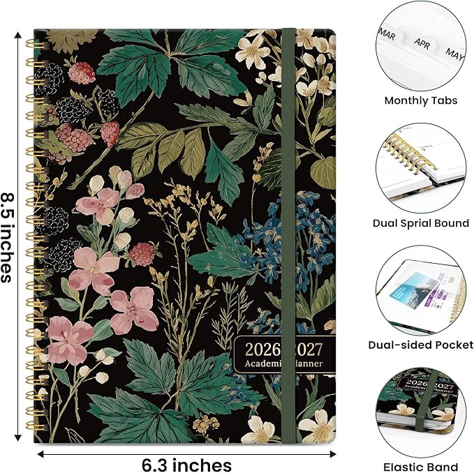 Planner 2026-2027, Hardcover Monthly and Weekly Academic Planner July 2026 - June 2027, Teacher and Student Calendar Agenda Book with Tabs, A5 (6.3" x 8.5"), Ideal for School and Office, Forest Botanica