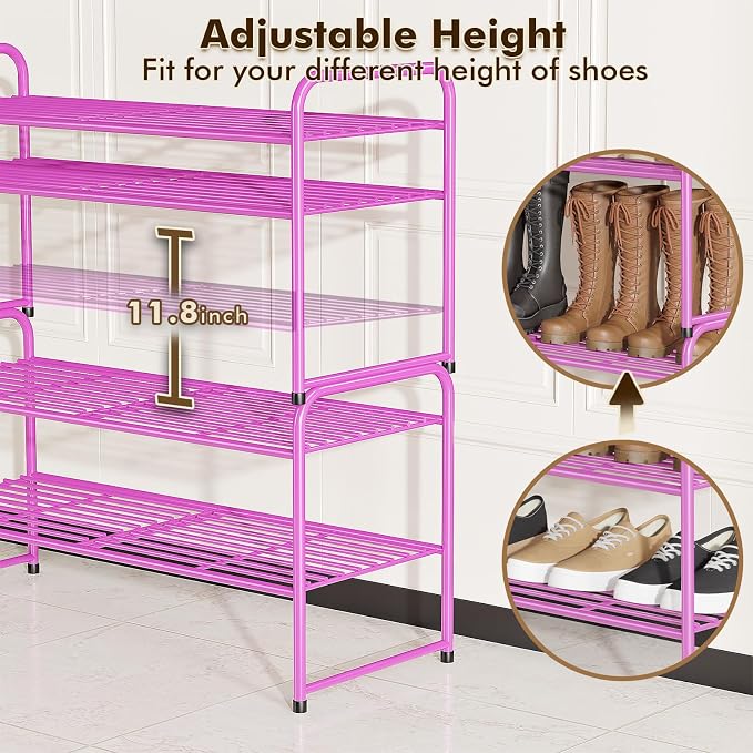 2 Pack Shoe Rack, 2-Tier Metal Stackable Shoe Shelf Storage Organizer, Heavy Duty Wire Shoe Stand for Entryway, Closet, Hallway, Holds 50 LBS, Pink