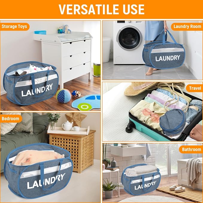 Collapsible Laundry Baskets, Foldable Laundry Basket with Dual Handles, Tear-proof Dirty Clothes Hampers for Laundry, Easy to Carry Pop Up Hamper for Bedroom, Bathroom, Dorm, Laundry Room Blue