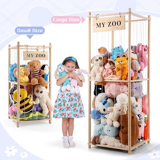 GLDZI Stuffed Animal Storage Zoo, Wooden Stuffed Animal Organizer with Elastic Cords for Boys Girls, Space Saving Toy Plushies Storage Holder for Playroom, Bedroom, Living Room (Burlywood, Small)