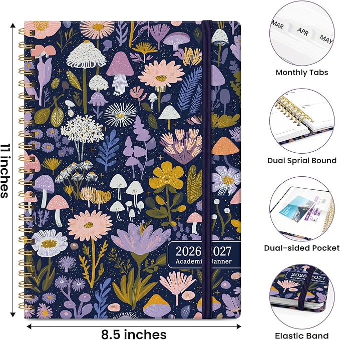 Planner 2026-2027, Hardcover Monthly and Weekly Academic Planner July 2026 - June 2027, Teacher and Student Calendar Agenda Book with Tabs, A4 (8.5" x 11"), Ideal for School and Office, Mushroom Garden