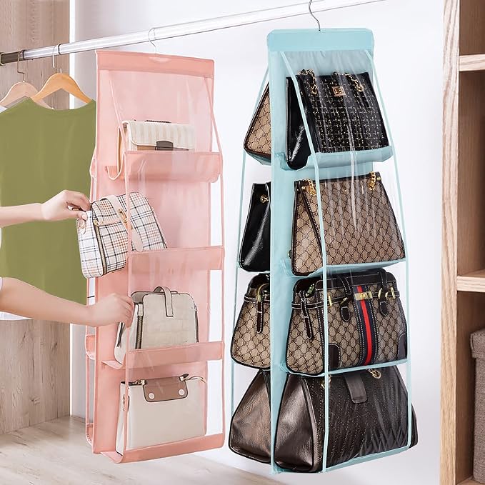 Lirex 2-Pack Handbag Hanging Purse Organizer for Closet, 8 Pocket Handbag Storage Organizer Hanger Oxford Cloth Closet Organizer for Family Closet Bedroom, Foldable and Universal Fit, Light Pink