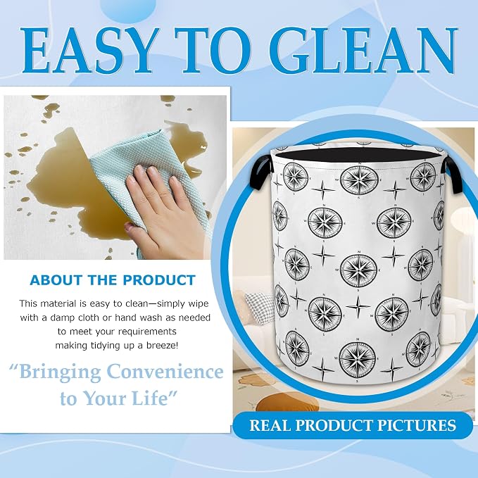 Black Compass Laundry Basket Collapsible Laundry Hamper Clothes Storage Bin for Bathroom Bedroom Room Decor 16" X 20.8"