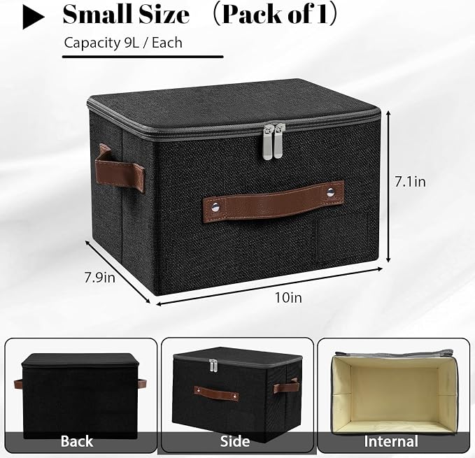 ANMINY Storage Bins with Zipper Lid Storage Boxes with Label Holder PU Leather Handles Washable Foldable Decorative Lidded Cotton Linen Fabric Cubes Baskets Closet Organizer - Black, Small