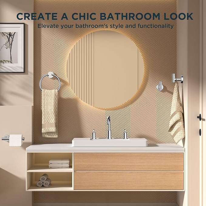 FORIOUS 4 Piece Bathroom Accessories, SUS304 Stainless Steel Toilet Paper Holder, Towel Ring and 2 Towel Hooks, Wall Mounted Bathroom Hardware Set (Chrome)