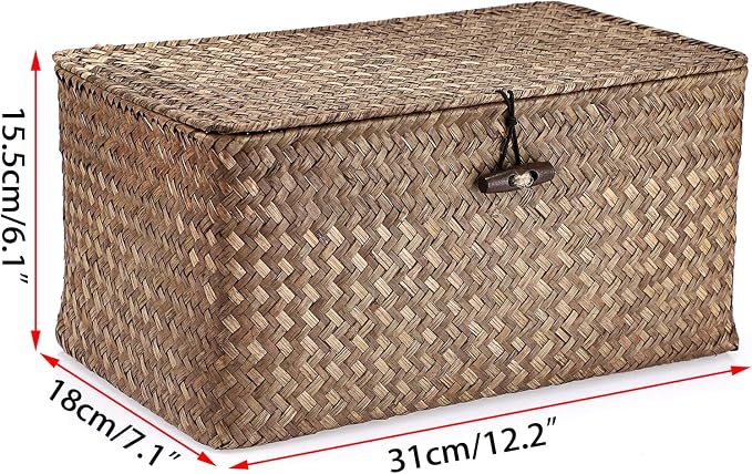 Hipiwe Wicker Shelf Baskets Bin with Lid, Handwoven Seagrass Basket Storage Bins Rectangular Household Basket Boxes for Shelf Wardrobe Home Organizer, Coffee Medium