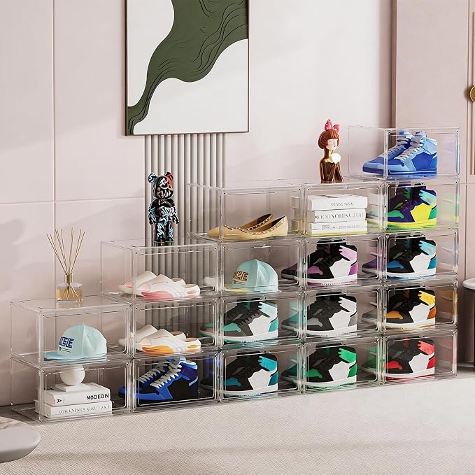 HIYOHIYO 8 Pack Clear Shoe Box Organizer, Large Capacity Fit US Size 14 | Stackable, With Magnetic Door, Thicken Sturdy, Easy Assembly Transparent Display Case, For Sneaker, Ankle Boots, High Heels