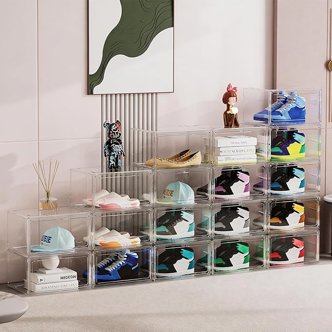 HIYOHIYO 2-Pack Stackable Clear Shoe Boxes, Acrylic Display Shoes Organizer, Thicken Sturdy Display Box with Magnetic Door, Clear Shoe Storage Boxes, Fit up to US Size 14