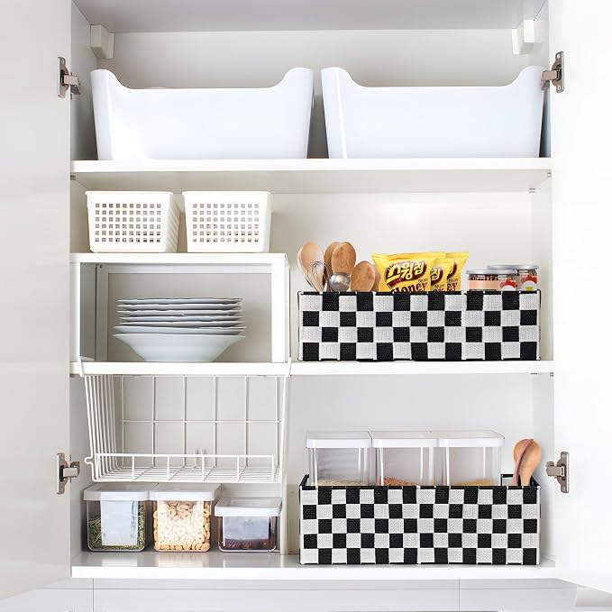 Woven Storage Baskets Bins Container, 16” Checker Pattern Ribbon Metal Wire Desk Organizer, Drawer Dresser Baskets, Countertop Toilet Paper Storage Containers (Black & White),2-Pack