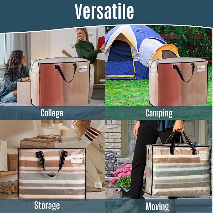 VENO 4 Pack Heavy Duty Moving Bags, Storage Bags, Packing Supplies, Top Zipper, Storage Totes for Camping, Clothes, Bedding, Comforters, Pillows (13 Gallon Clear, 4 Pack)