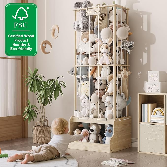 Stuffed Animal Storage Organizer,2-in-1 Solid Pine Wood Stuffed Animal Zoo with Toy Chest, Large Plush Toy Holder with Thick Elastic Bands,Stuffed Animal Holder for Playroom, Nursery, Bedroom