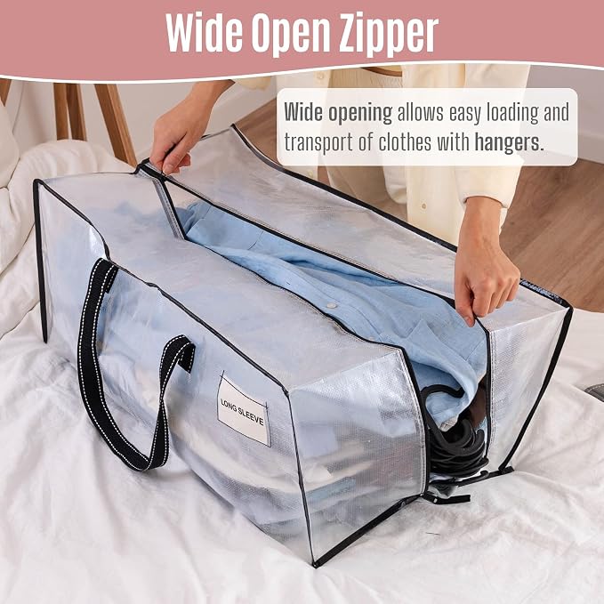 VENO 4 Pack Heavy Duty Moving Bags, Clear Packing Bags for Easy Visibility, Alternative to Moving Boxes, Storage Bins for Clothes, Blankets, Comforters, College Dorm Essentials (Clear, 4 Pack)