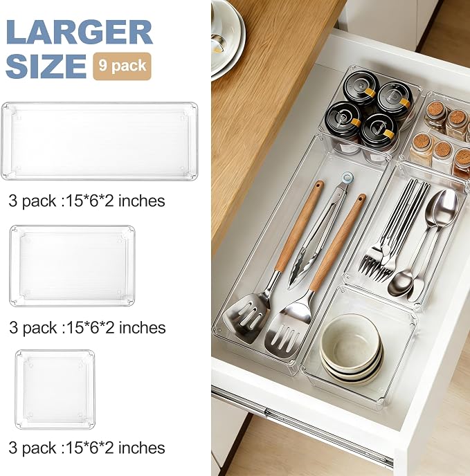 9 PCS Clear Plastic Drawer Organizer Sets, 3 Sizes Vanity Organizer Trays Stackable Storage Bins for Kitchen, Cabinet, Bathroom, Office, Laundry Room Organizing