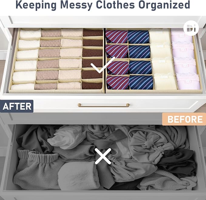 Joyoldelf Sock Drawer Organizer Divider 4 Packs Underwear Organizer, 2 x 24 Cell + 2 x 16 Cell Closet Organizers and Storage Sock Holders for Storing Socks, Handkerchiefs, Ties, Belts (Beige)