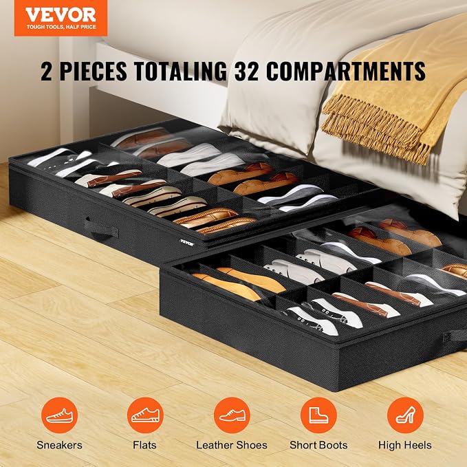 VEVOR Under Bed Shoe Storage Organizer, Set of 2, Total 32 Compartments, Underbed Shoes Closet Storage Solution with Clear Window, Breathable, Foldable Fabric Container Box with Reinforced Handles