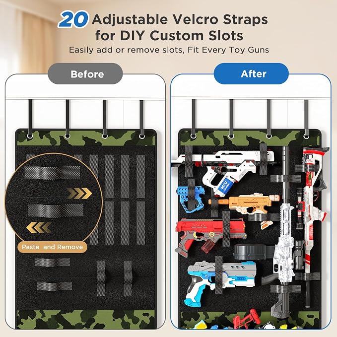 Over the Door Organizer for Toy Guns, Toy Gun Storage Organizer with Pockets and Slots for Kids Foam Blasters, Darts, Goggles, Over Door Toy Storage Hanger for Kids Rooms, Game Rooms, Green