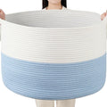 Foldable Laundry Hamper Basket with Collapsible Handle Cotton Rope Soft Woven Fabric Storage Organizer Clothes Toys Nursery Bedroom Dorm Space Saving Bin (White & Blue, 65L(19.7"D x 12.6"H))