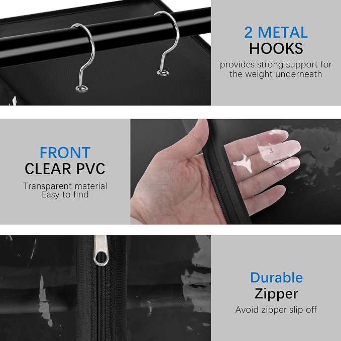 8 Tier Clear PVC Hanging Organizer With Zipper, Sweater Storage Shelves With Cover, Shoe Organizer for Closet, Black