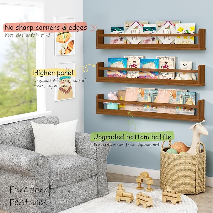 Harwaya Dark Wood Wall Bookshelf for Kids Bedroom, 36 Inch Floating Nursery Bookshelf for Baby Girl Boy Room, Wooden Hanging Toddler Book Shelves for Wall (36 inch, Walnut Brown, 3-Pack)