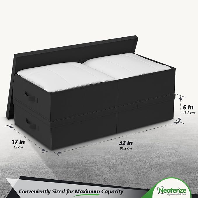 NEATERIZE Under Bed Storage Bins With Lids [Set of 2] Long Flat Stackable Underbed Storage Containers For Organizing Clothing, Shoes, Blankets, and Linen. Garage Boxes. (Large-Black)