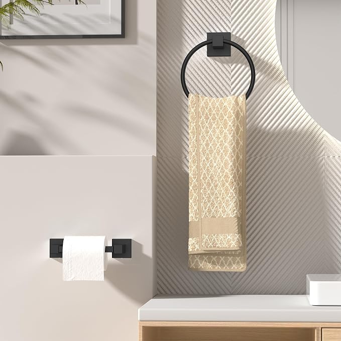 FORIOUS Toilet Paper Holder Wall Mount and Hand Towel Ring Set, SUS 304 Stainless Steel Double Post Pivoting Tissue Roll Holder, Modern Bathroom Hardware Accessories Set, Matte Black