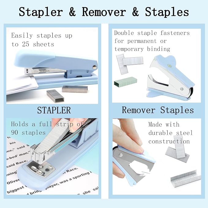 Scindaly Blue Office Desk Accessories Supplies, 10pcs Desk Organizers and Accessories with Tape Dispenser and Stapler,Staples,Scissor,Ruler,Sticky Tabs,Tape,Ballpoint Pen,Clips Set