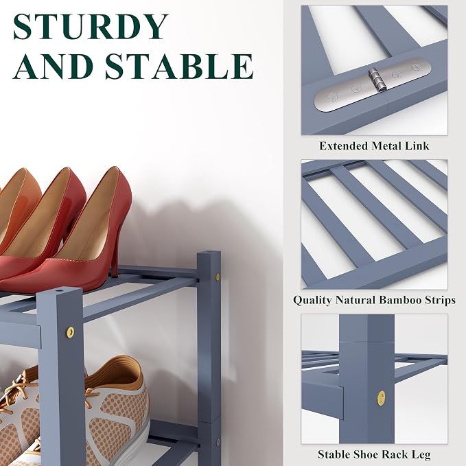 Smiry Bamboo Shoe Rack for Closet, 3 Tier Wooden Shoe Organizer, Stackable Wood Shoe Storage Shelf for Entryway, 14 Vertical Slats, One-piece Heavy-Duty Legs, 26.77"x11.02"x18.31", Grey