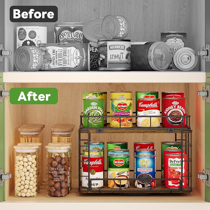 360° Rotating Can Rack Organizer for Pantry, 2-Tier Lazy Susan Can Organizer Holds Up to 26 Soda Cans, Metal Wire & Wood Shelf with Turntable Storage for Kitchen Cabinet, Pantry & Countertop