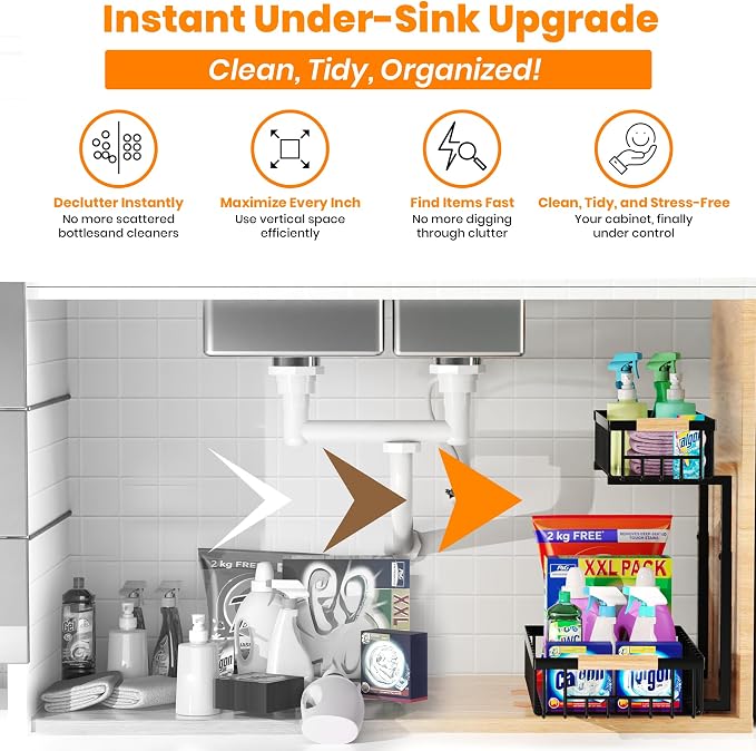 Under Sink Organizer, 2-Tier Pull-Out Cabinet Organizer – Adjustable Height, Left or Right Install – Smooth Slide-Out Drawers, Heavy-Duty Metal Rack for Kitchen & Bathroom, 1 Pack