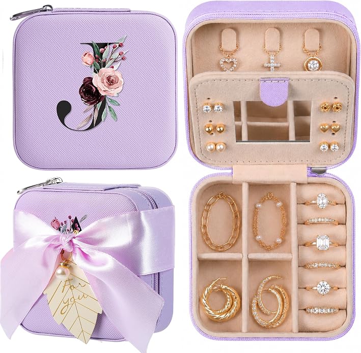 AYGXU Travel Jewelry Box for Women and Girls - Small Case With Initial A-Z - Teacher Gifts