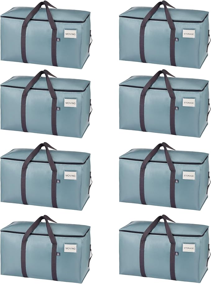 VENO 8 Pack Heavy Duty Moving Bags, 90L Extra Large Moving Boxes Alternative, 50lbs Load,Wraparound Handles,Zippers & Tag,Packing Supplies for College Dorm Essentials, Clothes Storage(Light Blue)