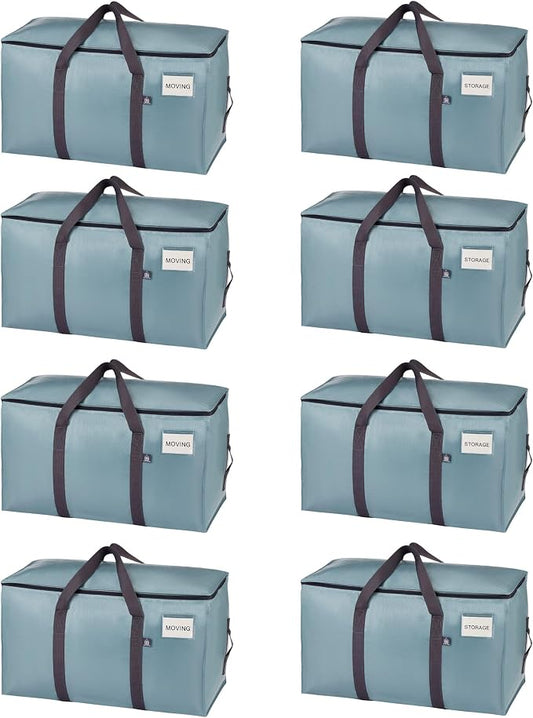 VENO 8 Pack Heavy Duty Moving Bags, 90L Extra Large Moving Boxes Alternative, 50lbs Load,Wraparound Handles,Zippers & Tag,Packing Supplies for College Dorm Essentials, Clothes Storage(Light Blue)