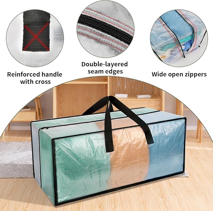 Heavy Duty Clear Moving Bags with Strong Zipper & Comfortable Handles | 4 Pack Extra Large Storage Bags Totes Moving Boxes Packing Supplies for College Dorm Room Essentials Compatible with IKEA