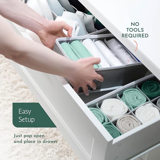 Dresser Organizer, [4 Pk] Grey Fabric Dresser Drawer Organizers (4 Sizes With 45 Slots) Foldable Underwear Drawer Organizer Breathable Bins for Bra, Lingerie, Socks, Scarves, Belt, Tie, Baby Clothes.