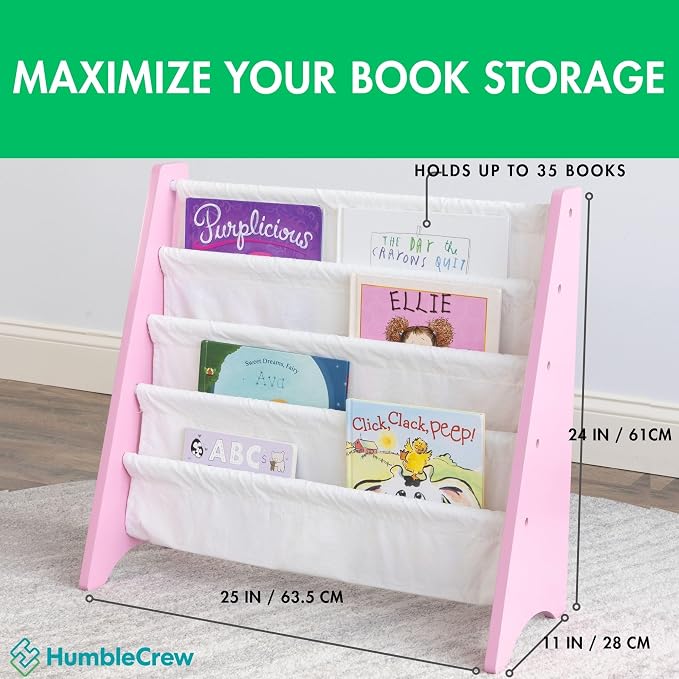 Humble Crew Kids Bookshelf, 4-Tier Front-Facing Book Display Organizer, Montessori Toddler Bookcase for Playroom, Bedroom & Reading Corner, Pink/White