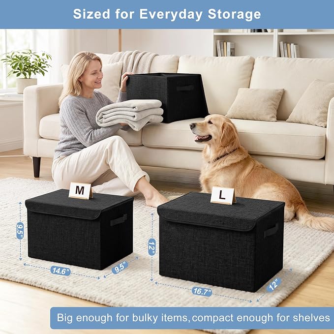 Bagnizer Large 17" 42 Quarts Collapsible Stackable Storage Bins with Lids [3-Pack] Foldable Fabric Linen Storage Boxes Cube, Closet Organizer Baskets with Label (16.7 x 12 x 12, Black)