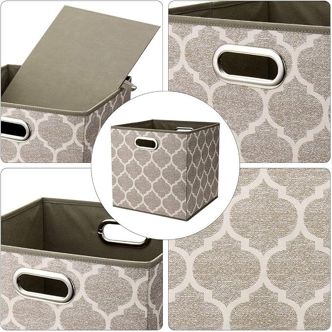 Cloth Storage Bins Set of 4 Thick Fabric Drawers Foldable Cubes Basket Organizer Container with Dual Metal Handles for Shelf Cabinet Bookcase Boxes Grey-Brown 13x13x13 inch
