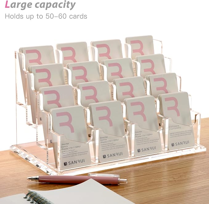 SANRUI Vertical Business Card Holder for Desk,16 Slots 4 Tier Clear Acrylic Business Card Display Stand,Multiple Business Card Desktop Organizer holders for Women and Men,Holds 960 Cards