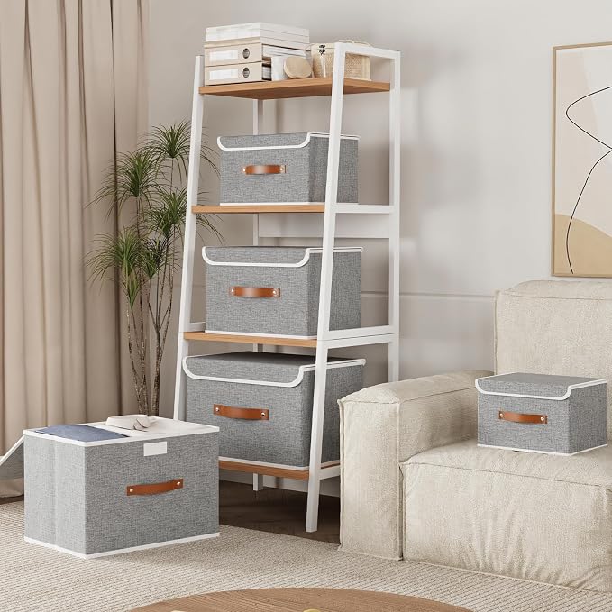 Yawinhe Collapsible Storage Box, Cube Organizer Basket, Fabric Bin with Lids, Washable and Leather Handle for Shelves, Closet, Grey, 10.2x7.9x6.7 In, 3-Pack, SNK024GN-3