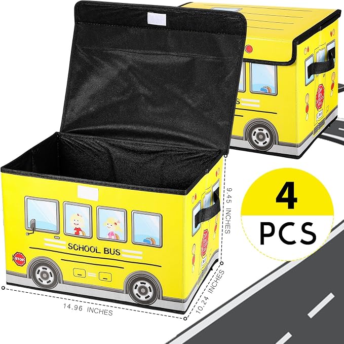 Sweetude 4 Pcs Prize Box for Classroom, School Bus Treasure Chest With Lid, Foldable Storage Organizer Bin for Kids, Teachers, Students - Toy Awards