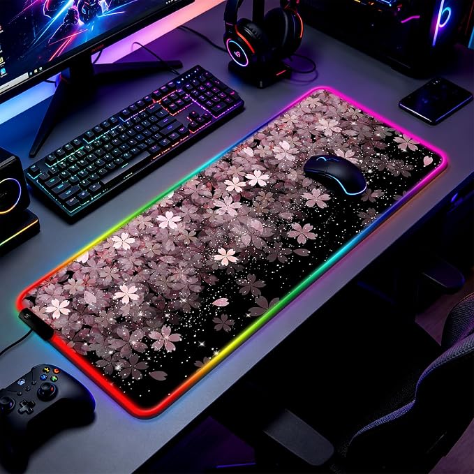 RGB Japanese Cherry Blossom Gaming Desk Mat, Computer Keyboard Large Extended Flowers LED Mouse Pad for Office and Home, 31.5×11.8 Inches, XL, Black