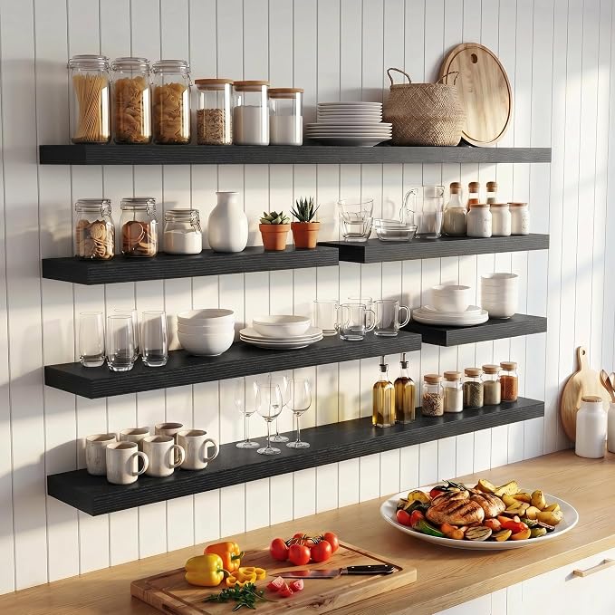 FLYJOE 32 Inch Floating Shelves for Wall Set of 2, 6.5" D Wood Grain Bathroom Shelves with Invisible Brackets, Easy Install Engineered Wood Storage Shelves for Kitchen, Living Room, Bedroom