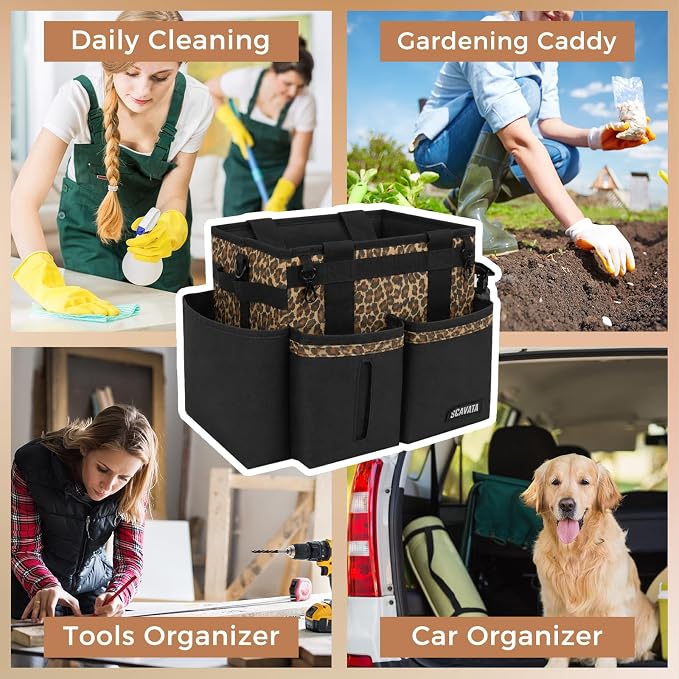 SCAVATA Compact Wearable Cleaning Caddy, Small Cleaning Supplies Organizer with Handle & Shoulder Straps for Housekeepers, under Sink & Car Cleaning Tool Organizers Bag (Leopard)
