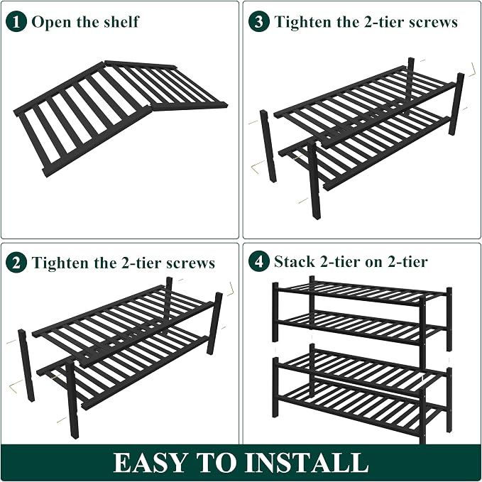 Smiry Bamboo Shoe Rack for Closet, 4 Tier Wooden Shoe Organizer, Stackable Wood Shoe Storage Shelf for Entryway, 14 Vertical Slats, 2+2 Stack Heavy-Duty Legs, 26.77"x11.02"x25.98", Black