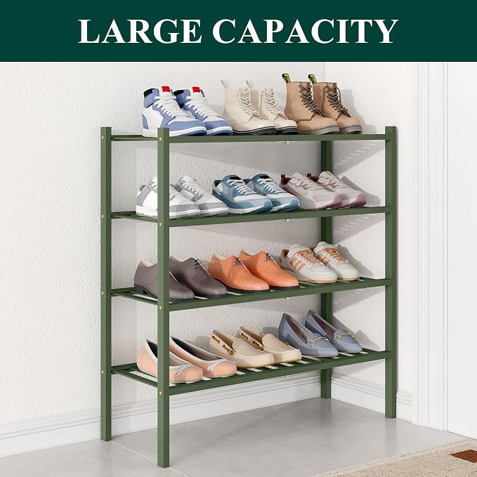 Smiry Bamboo Shoe Rack for Closet, 4 Tier Wooden Shoe Organizer, Stackable Wood Shoe Storage Shelf for Entryway, 14 Vertical Slats, 2+2 Stack Heavy-Duty Legs, 26.77"x11.02"x25.98", Green