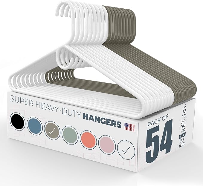 Super Heavy Duty Clothes Hangers 50 Pack (54 Count) – Made in the USA - 10lb Capacity, Thick Plastic Hangers for Pants, Coats, Jackets, Jeans and Adult Clothing – White & Gray